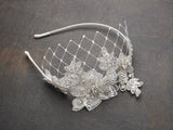 Luxurious Crystal Embellished Lace Wedding Headband with Wide Netting 4086HB