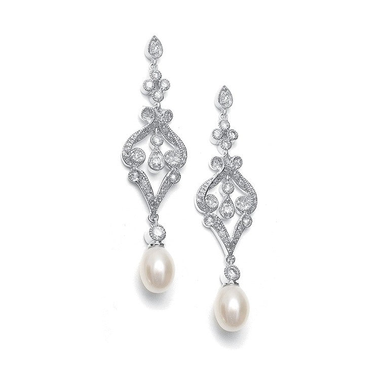 Vintage CZ Scroll Earrings with Freshwater Pearl 409E