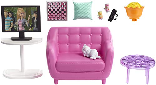 Barbie Indoor Furniture Playset, Living Room Includes Kitten, Furniture and Accessories for Movie and Game Night