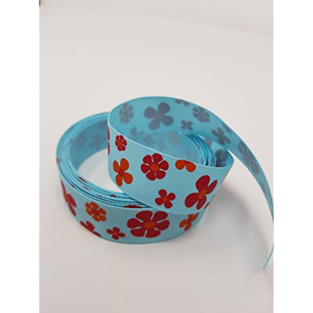 Polyester Grosgrain Ribbon for Decorations, Hairbows & Gift Wrap by Yame Home (7/8-in by 50-yds, ys07030205f - Red Orange Flowers w/Blue Background)
