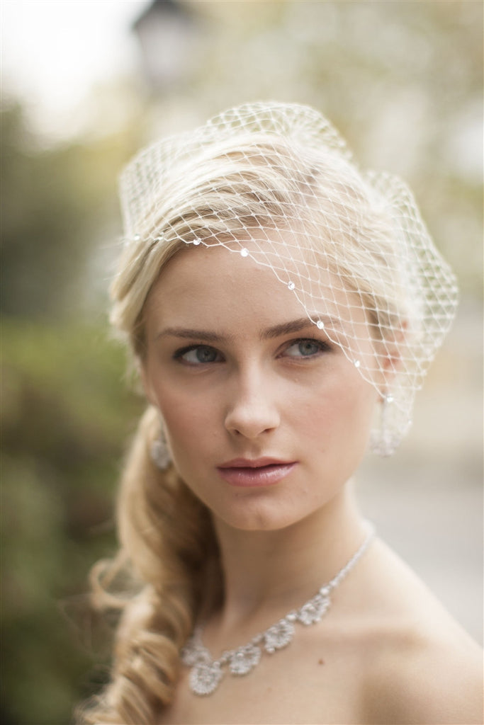 Bold Crystal Lace Applique Wedding Veil with French Net Birdcage Blusher & Scattered Crystal Edge 4103V