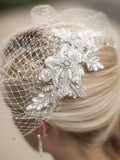 Bold Crystal Lace Applique Wedding Veil with French Net Birdcage Blusher & Scattered Crystal Edge 4103V
