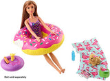 Barbie Outdoor Furniture Set with Donut Floatie (Really Floats), Water-Squirting Puppy Toy and 8 Themed Accessories