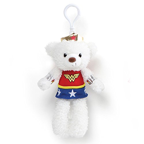 Gund DC Universe Fuzzy Bear Wonder Woman Plush Backpack Clip, 6.5", White