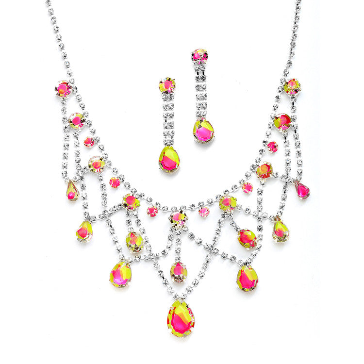 Hand-Painted Neon Rhinestone Prom or Bridesmaids Necklace & Earrings Set 4133S-NEMU