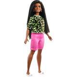 Barbie Fashionistas Doll #144 with Long Brunette Braids Wearing Neon Green Animal-Print Top, Pink Shorts, White Sandals & Earrings, Toy for Kids 3 to 8 Years Old