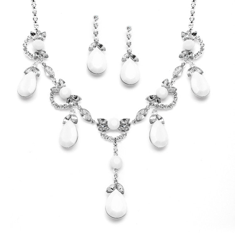 White Opaque Prom or Bridesmaids Draped Necklace & Earrings Set 4141S-WH
