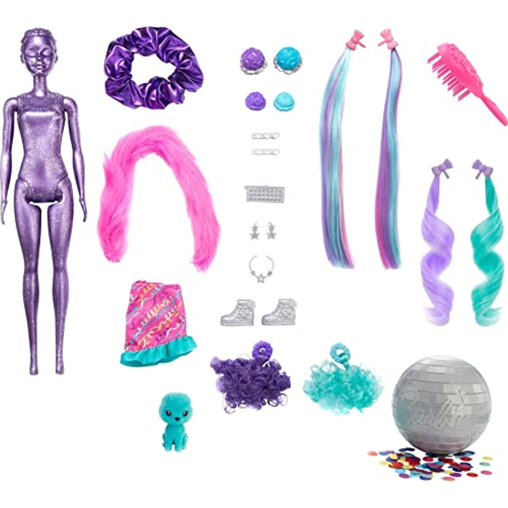 Barbie Color Reveal Doll, Glittery Purple with 25 Hairstyling & Party-Themed Surprises Including 10 Plug-in Hair Pieces, Gift for Kids 3 Years Old & Up