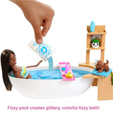 Barbie Fizzy Bath Doll and Playset, Brunette, with Tub, Fizzy Powder, Puppy and More, Gift for Kids 3 to 7 Years Old