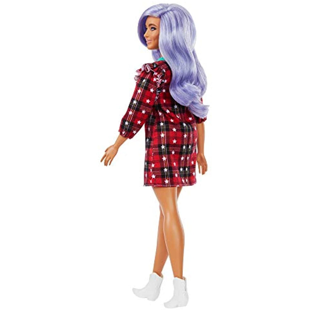 Barbie Fashionistas Doll #157, Curvy with Lavender Hair Wearing Red Plaid Dress, White Cowboy Boots & Teal Cross-Body Cactus Bag, Toy for Kids 3 to 8 Years Old