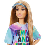 Barbie Fashionistas Doll # 159, Petite, with Light Brown Hair Wearing Tie-Dye T-Shirt Dress, White Shoes & Visor, Toy for Kids 3 to 8 Years Old