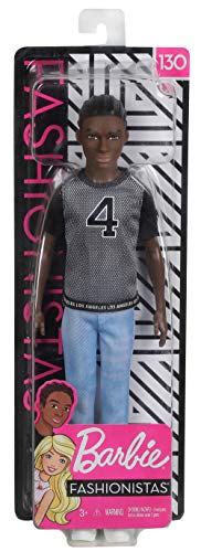 Barbie Ken Fashionistas Doll with Sculpted Brunette Hair Wearing a Number 4 T-Shirt, Denim Pants & Shoes, Toy for Kids 3 to 8 Years Old