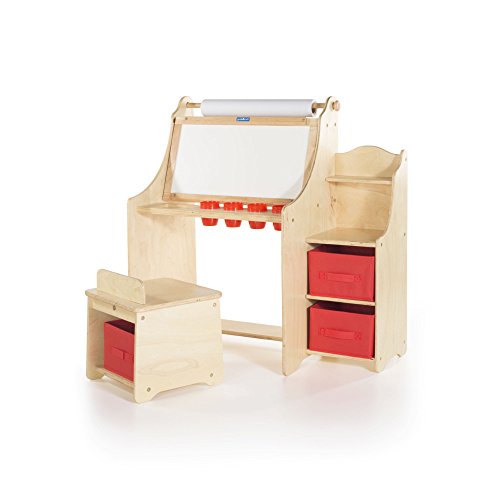 Guidecraft Artist Activity Desk with Storage Stool - Wooden Arts and Crafts Easel with Paper Roller, Shelves, Paint Cups, Bins, Whiteboard and Chair for Kids Home and Classroom
