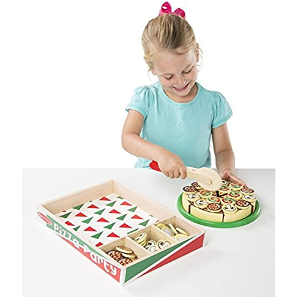 Melissa & Doug Bundle Includes 2 Items Cutting Food- Play Food Set with 25+ Hand-Painted Wood Pieces, Knife, and Cutting Board Pizza Party Wooden Food Set with 54 Toppings