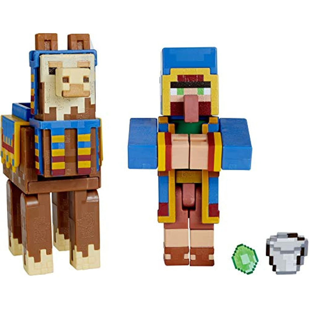 Minecraft 2-Pack Wandering Trader & Llama 3.25" Scale Video Game Authentic Action Figure with Accessory and Craft-a-Block