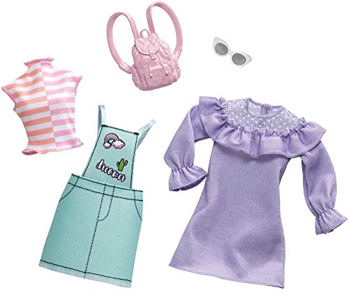 Barbie Clothes: 2 Outfits Doll Feature Pastels Like Light Green Overalls with Cute Graphics and Pink Backpack, Gift for 3 to 8 Year Olds