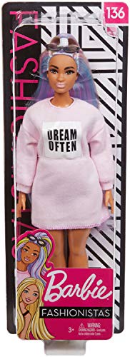 Barbie Fashionistas Doll with Long Rainbow Hair Wearing Sweatshirt Dress and Accessories, for 3 to 8 Year Olds