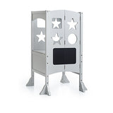 Guidecraft Classic Kitchen Helper Stool - White W/Keeper and Non-Slip Mat: Foldable, Adjustable Height Safety Cooking Stool for Toddlers with Chalkboard and Whiteboard Message Boards