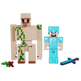 Minecraft 2-Pack Iron Golem & Steve 3.25" Scale Video Game Authentic Action Figure with Accessory and Craft-a-Block