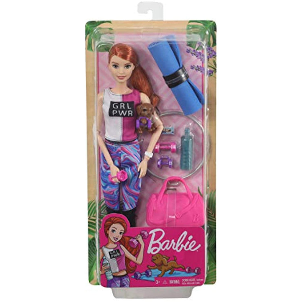 Barbie Fitness Doll, Red-Haired, with Puppy and 9 Accessories, Including Yoga Mat with Strap, Hula Hoop and Weights, Gift for Kids 3 to 7 Years Old