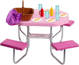 Barbie Outdoor Furniture, Pink Picnic Table with Adjustable Seats and Hot Dog Picnic for 4