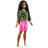 Barbie Fashionistas Doll #144 with Long Brunette Braids Wearing Neon Green Animal-Print Top, Pink Shorts, White Sandals & Earrings, Toy for Kids 3 to 8 Years Old