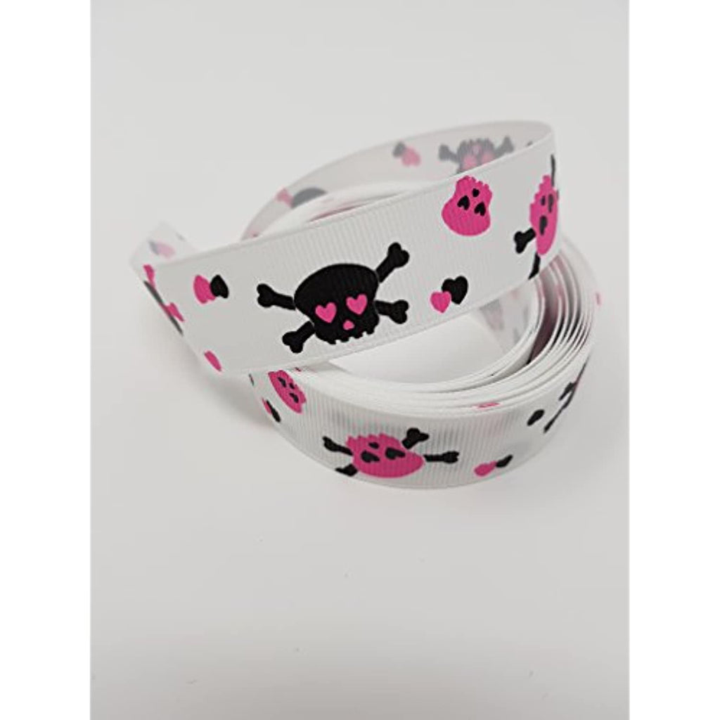 Polyester Grosgrain Ribbon for Decorations, Hairbows & Gift Wrap by Yame Home (7/8-in by 1-yd, 00027080 - Heart Skulls w/White background)