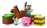 Minecraft Figure Set Overworld Saddle Pack (Steve w/Whip Chestnut Horse , Pig w/Saddle , 2 x hay Bale , 2 x Grass Blocks)