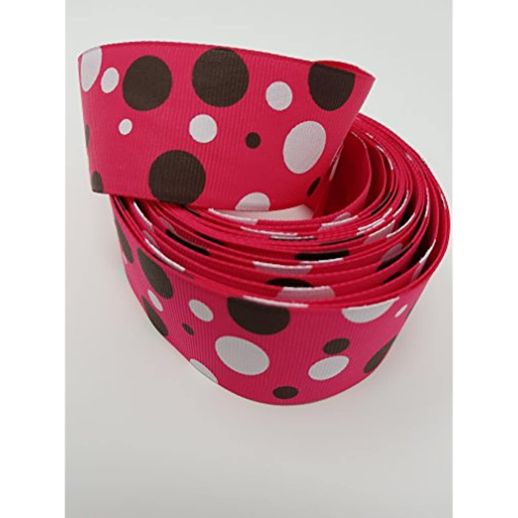 Polyester Grosgrain Ribbon for Decorations, Hairbows & Gift Wrap by Yame Home (1 1/2-in by 1-yd, 00026769 - Brown & White Polka Dots w/Pink background)
