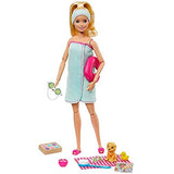 Barbie Spa Doll, Blonde, with Puppy and 9 Accessories, Including Neck Pillow, Rubber Duck and Cucumber Eye Masks, Gift for Kids 3 to 7 Years Old