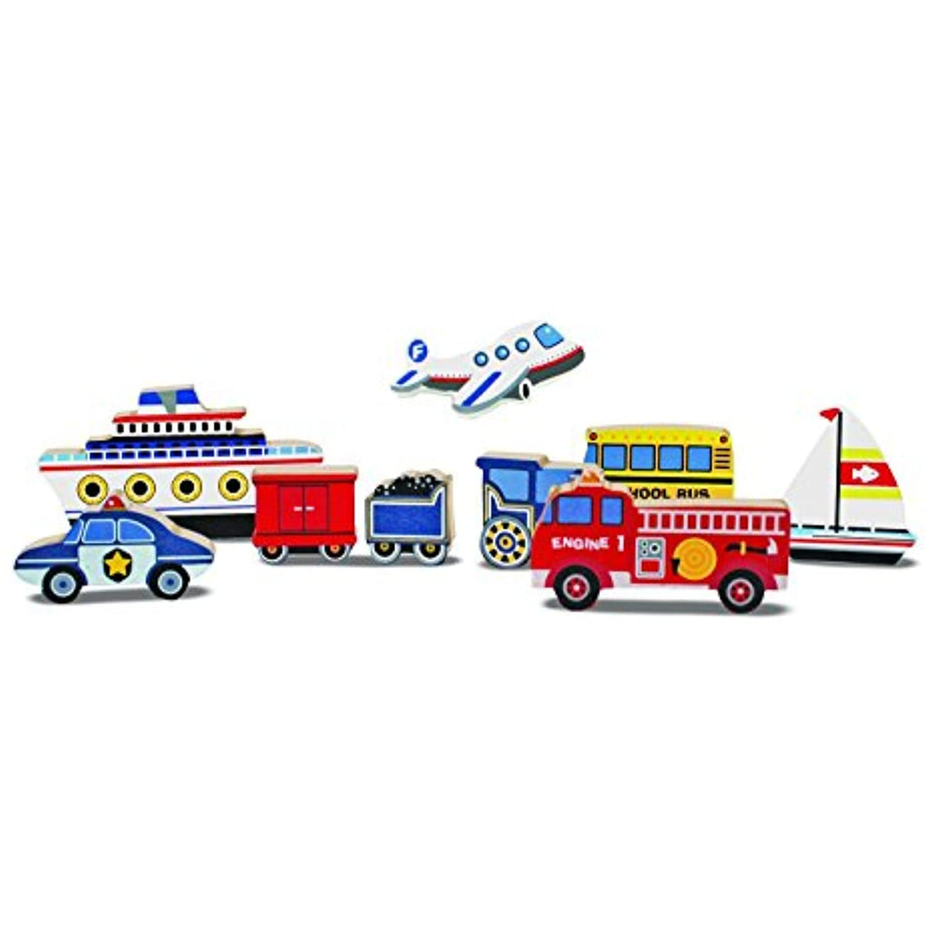 Melissa & Doug Farm Wooden Chunky Puzzle (8 pcs) With Vehicles Wooden Chunky Puzzle - Plane, Train, Cars, and Boats (9 pcs)