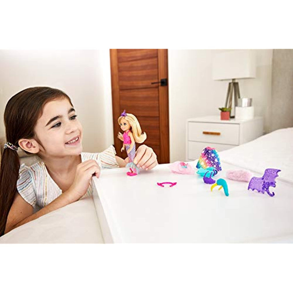Barbie Dreamtopia Chelsea Doll and Dress-Up Set with 12 Fashion Pieces Themed to Princess, Mermaid, Unicorn and Dragon, Gift for 3 to 7 Year Olds