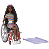 Barbie Fashionistas Doll #166, with Wheelchair & Crimped Brunette Hair Wearing Rainbow-Striped Dress, White Sneakers, Sunglasses & Fanny Pack, Toy for Kids 3 to 8 Years Old
