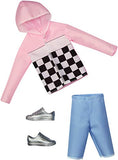 Barbie Clothes: 1 Outfit for Ken Doll Includes Pink Check Hoodie, Shorts and Silvery Shoes, Gift for 3 to 8 Year Olds