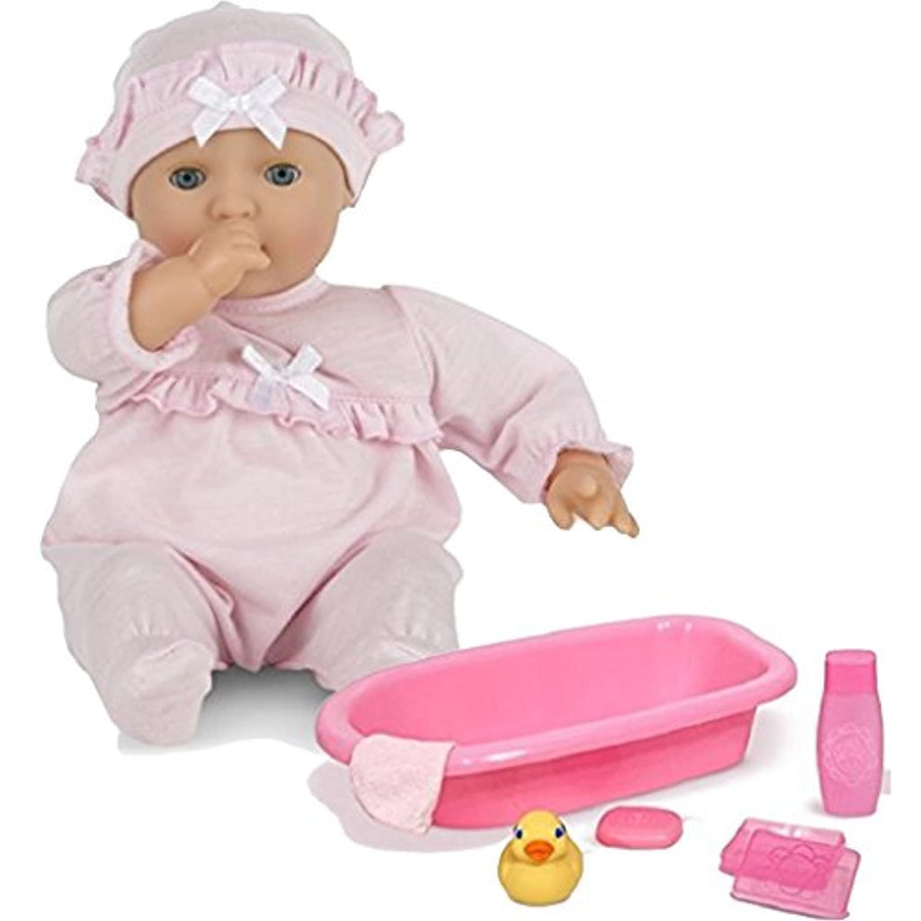 Melissa & Doug Bundle Includes 2 Items Mine to Love Jenna 12-Inch Soft Body Baby Doll with Romper and Hat Mine to Love Baby Doll Bathtub and Accessories Set (6 pcs)