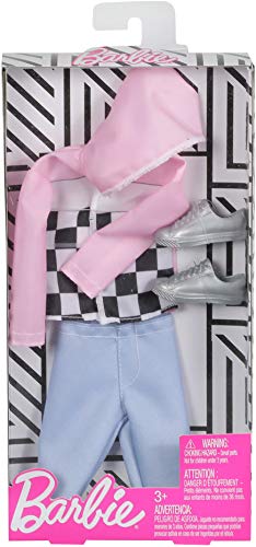 Barbie Clothes: 1 Outfit for Ken Doll Includes Pink Check Hoodie, Shorts and Silvery Shoes, Gift for 3 to 8 Year Olds