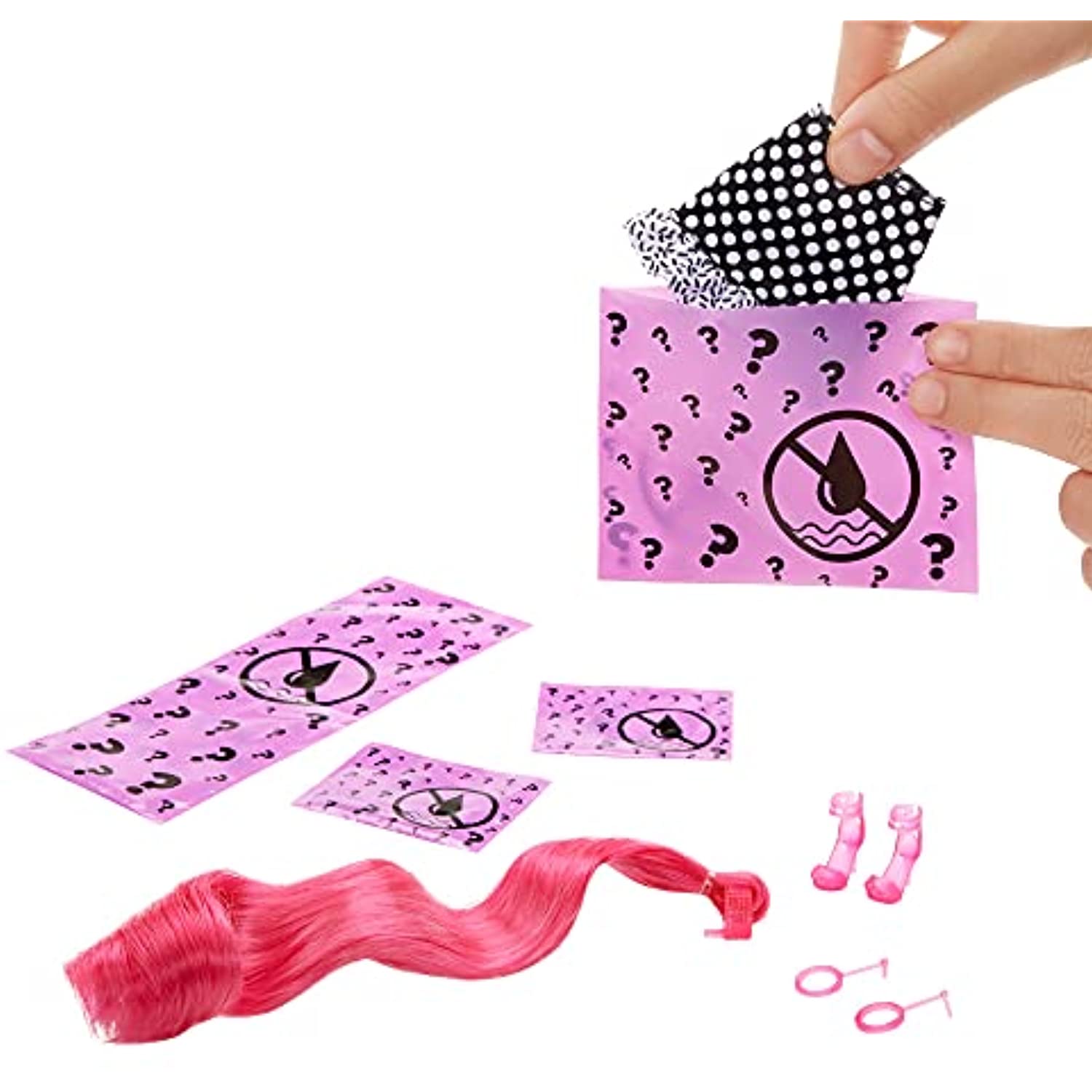 Barbie Color Reveal Doll with 7 Surprises: 4 Mystery Bags Contain Surprise Hair Piece, Skirt, Shoes & Earrings; Water Reveals Doll’s Look & Color Change on Bodice & Hair [Styles May Vary]