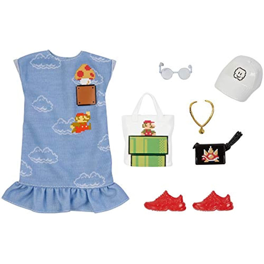 Barbie Storytelling Fashion Pack of Doll Clothes Inspired by Super Mario: Dress with Graphic Print & 6 Accessories Dolls, Gift for 3 to 8 Year Olds