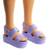 Barbie Fashionistas Doll with Long Brunette Hair Wearing Graphic Black & Aqua Polka-Dot Dress, Purple Sandals & Sunglasses, Toy for Kids 3 to 8 Years Old, Multi (GHW63)