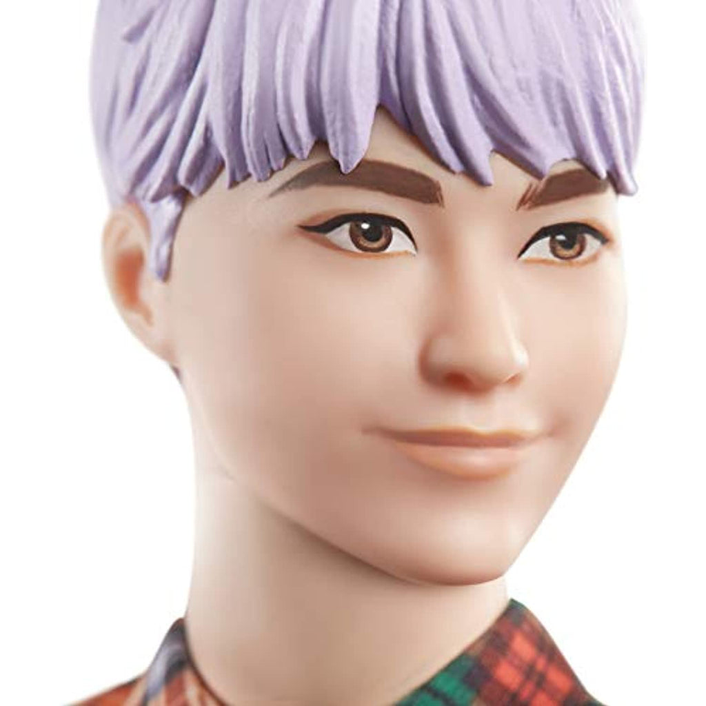 Barbie Ken Fashionistas Doll #154 with Sculpted Purple Hair Wearing a Color-Blocked Plaid Shirt, Black Denim Pants & Boots, Toy for Kids 3 to 8 Years Old