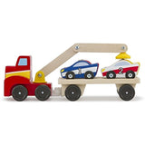 Melissa & Doug Magnetic Car Loader Wooden Toy Set with 4 Cars and 1 Semi-Trailer Truck Service Station Parking Garage with 2 Wooden Cars and Drive-Thru Car Wash