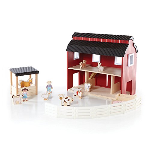 Guidecraft Big Wooden Red Barn With Play Characters and Animals Play Figures
