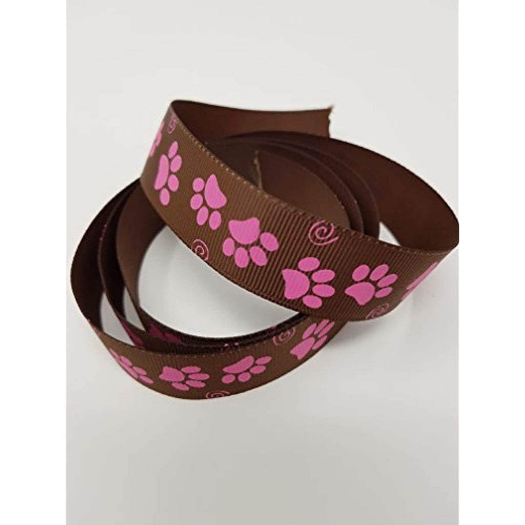 Polyester Grosgrain Ribbon for Decorations, Hairbows & Gift Wrap by Yame Home (7/8-in by 50-yds, 00036621 - Pink Paws w/brown background)