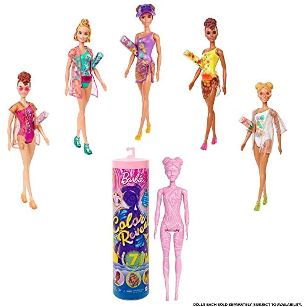 Barbie Color Reveal Doll with 7 Surprises: 4 Mystery Bags, Shoes, Towel & Accessory; Water Reveals Marble Pink Doll’s Beach Look & Color Change on Hair & Accessory; Sand & Sun Series