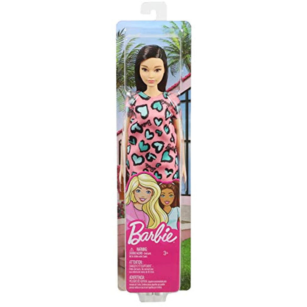 Barbie Doll, Brunette, Wearing Pink and Blue Heart-Print Dress and Platform Sneakers, for 3 to 7 Year Olds (GHW46)
