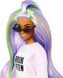 Barbie Fashionistas Doll with Long Rainbow Hair Wearing Sweatshirt Dress and Accessories, for 3 to 8 Year Olds