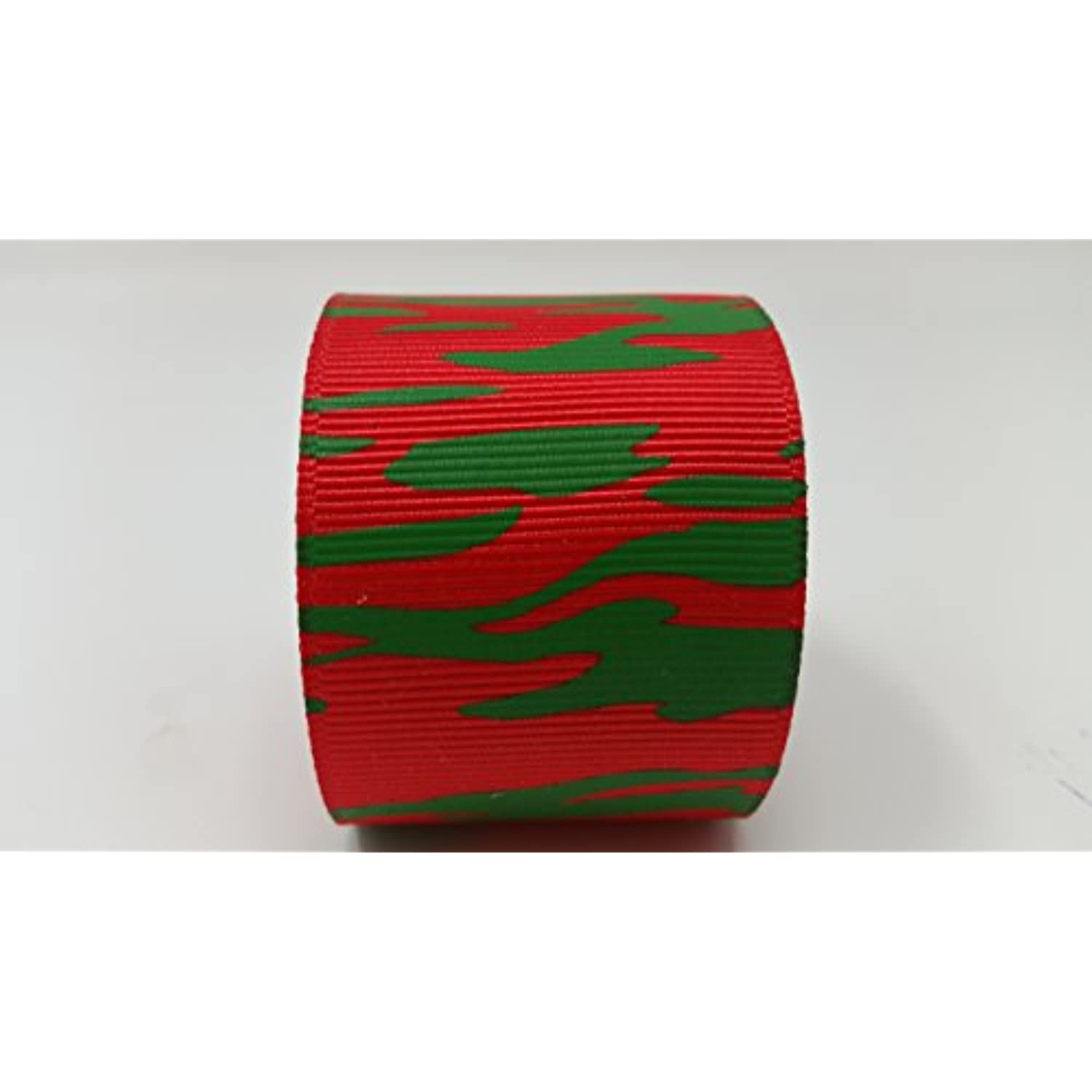 Polyester Grosgrain Ribbon for Decorations, Hairbows & Gift Wrap by Yame Home (1 1/2-in by 50-yds, 00031721 - green tiger stripes w/red background)