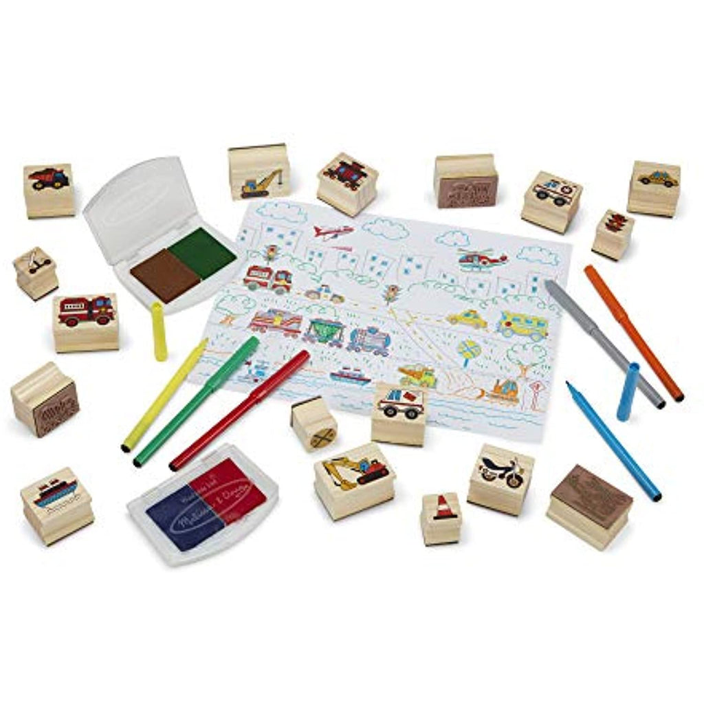 Melissa & Doug Deluxe Wooden Stamp and Coloring Set – Vehicles (30 Stamps, 6 Markers, 2 Durable 2-Color Stamp Pads)