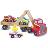Melissa & Doug Magnetic Car Loader Wooden Toy Set with 4 Cars and 1 Semi-Trailer Truck Service Station Parking Garage with 2 Wooden Cars and Drive-Thru Car Wash