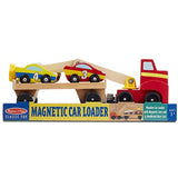 Melissa & Doug Magnetic Car Loader Wooden Toy Set with 4 Cars and 1 Semi-Trailer Truck Service Station Parking Garage with 2 Wooden Cars and Drive-Thru Car Wash